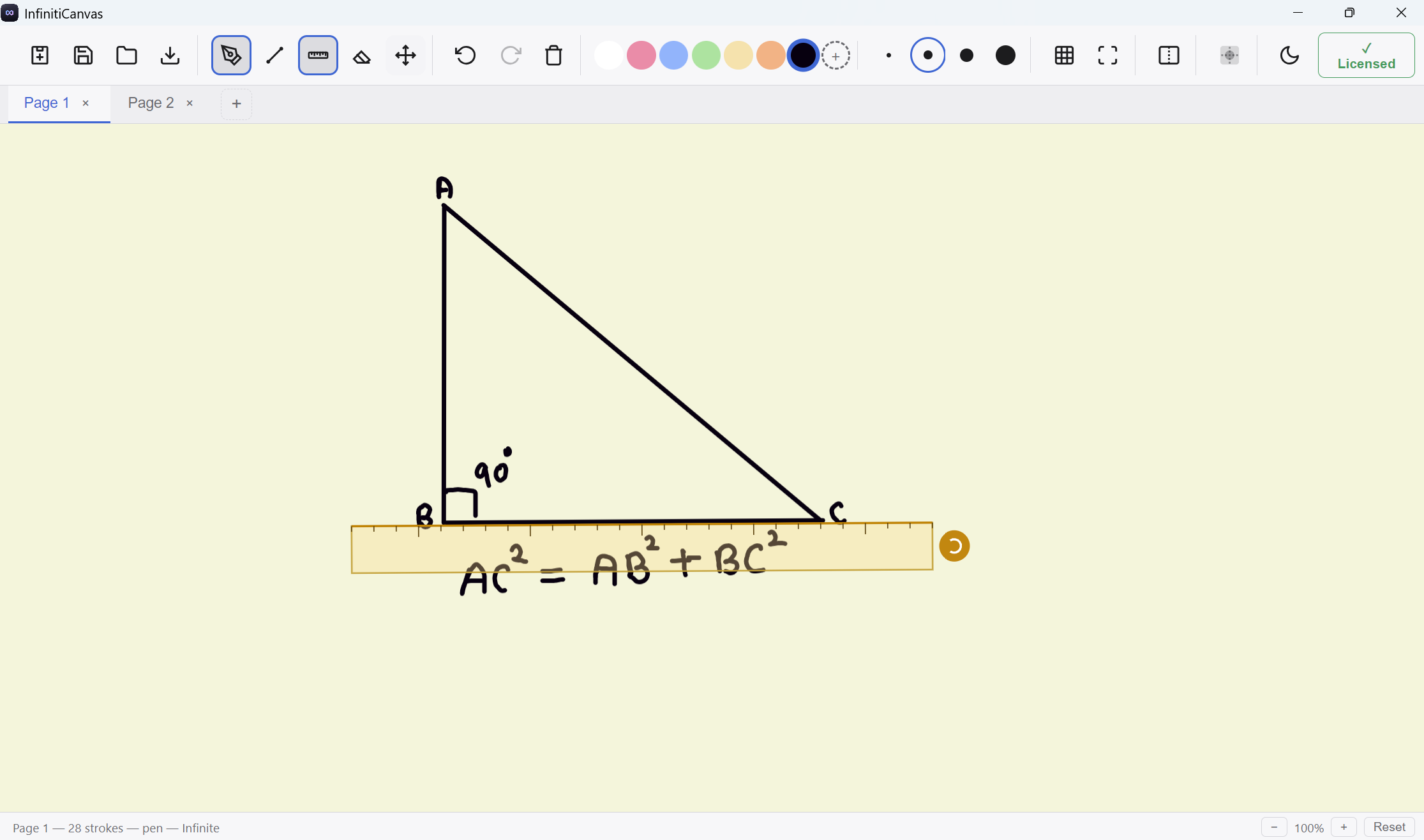 InfinitiCanvas showing a handwritten Pythagorean theorem diagram with the virtual ruler on a Windows canvas